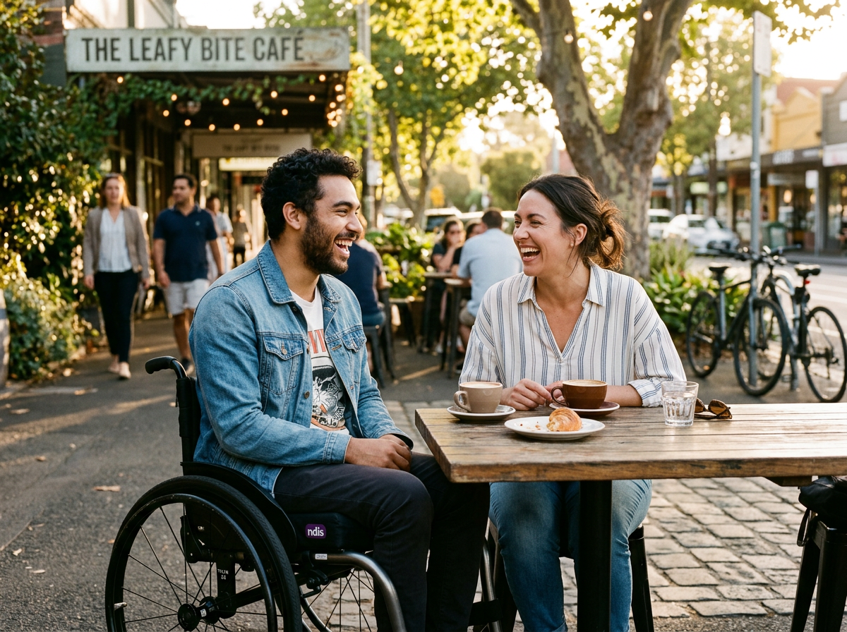 NDIS participant who is a wheelchair user laughing with a friend at an outdoor café on a leafy Australian street
