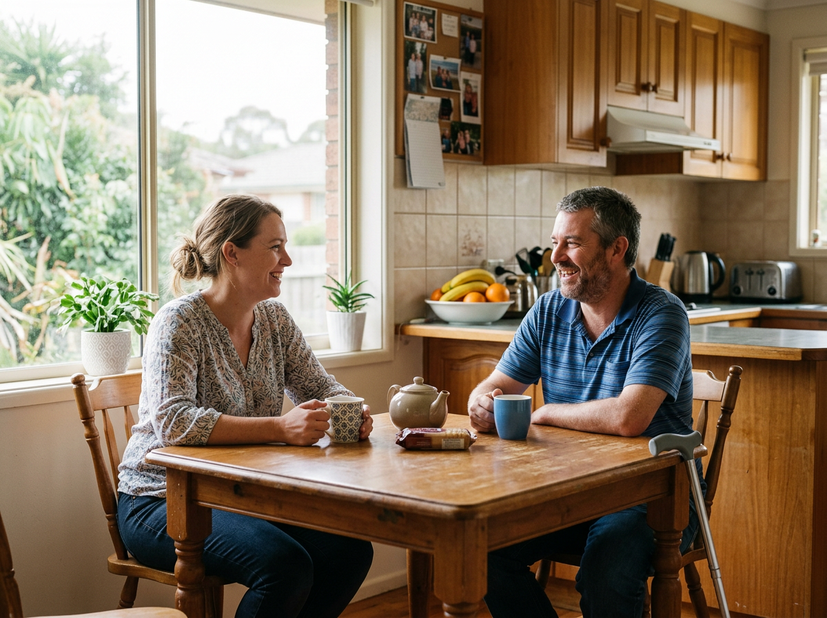 NDIS support worker and participant sharing tea at a sunlit kitchen table in an Australian home