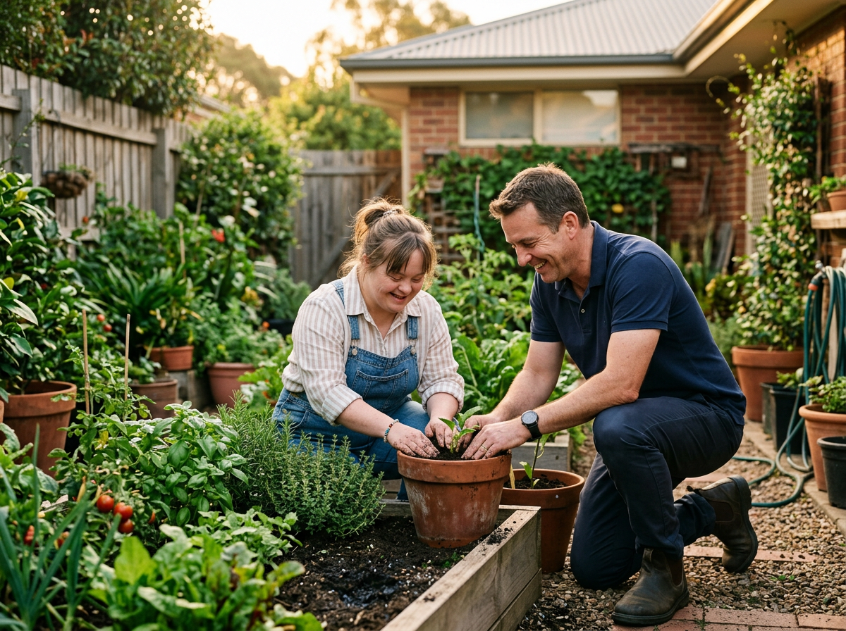 NDIS participant tending herbs in a backyard garden with a support worker in soft afternoon light