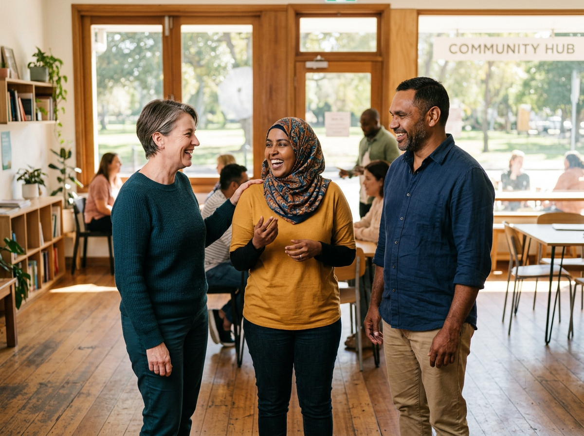 Diverse team of Australian disability support professionals talking together in a community space